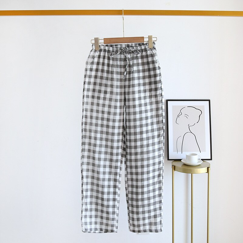 Pyjama en coton à carreaux pour femmes, pantalon ample, taille élastique, décontracté, simple, confortable, doux, pour la maison, printemps, 2022: Gray / M