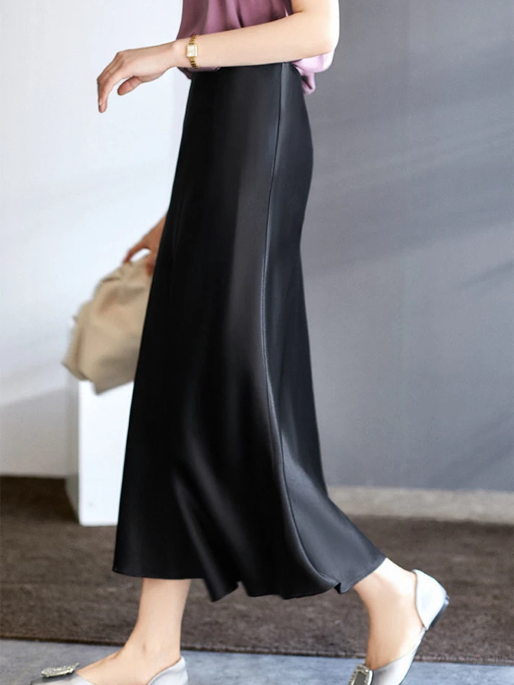 Silke satin nederdele til kvinder højtaljet nederdel kvinder a-linje nederdele sommer pink midi nederdel koreansk stil