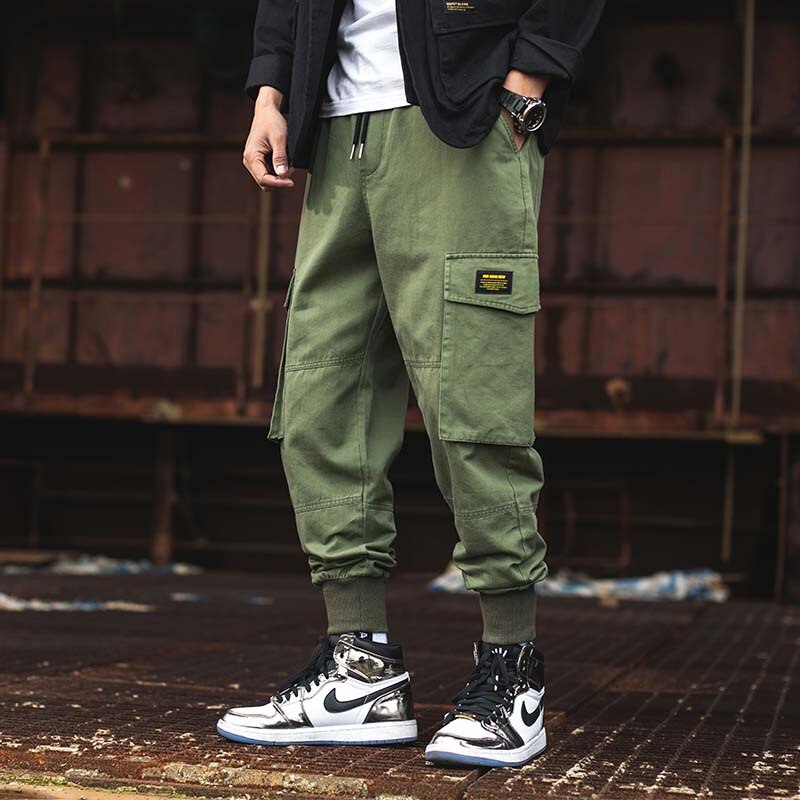 Orange cargobukser mænd causal plus size mænd haremsbukser blyanter streetwear joggerbukser lomme homme bukser solid xxxl: Militærgrøn / M