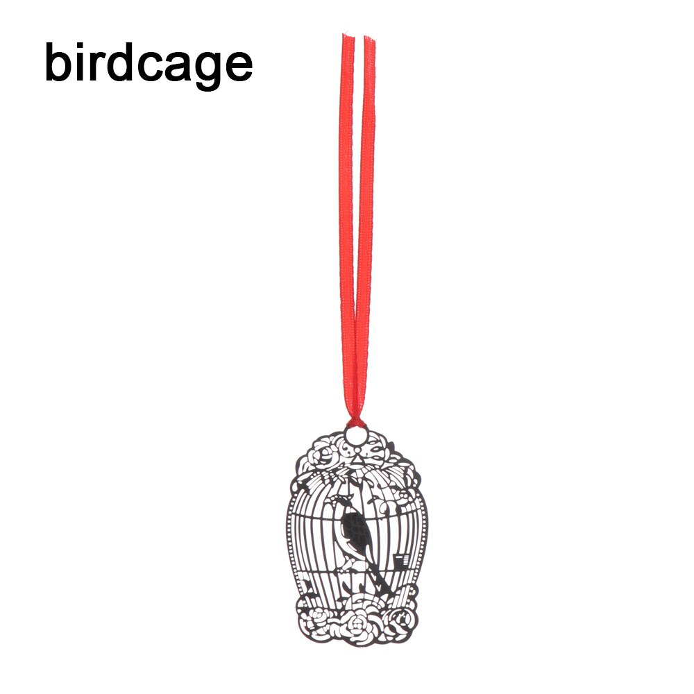 Beautiful Hollow Metal Bookmark With Red Strap Students Stationery Chinese Style Black Leaf Butterfly Feather Book Markers: birdcage