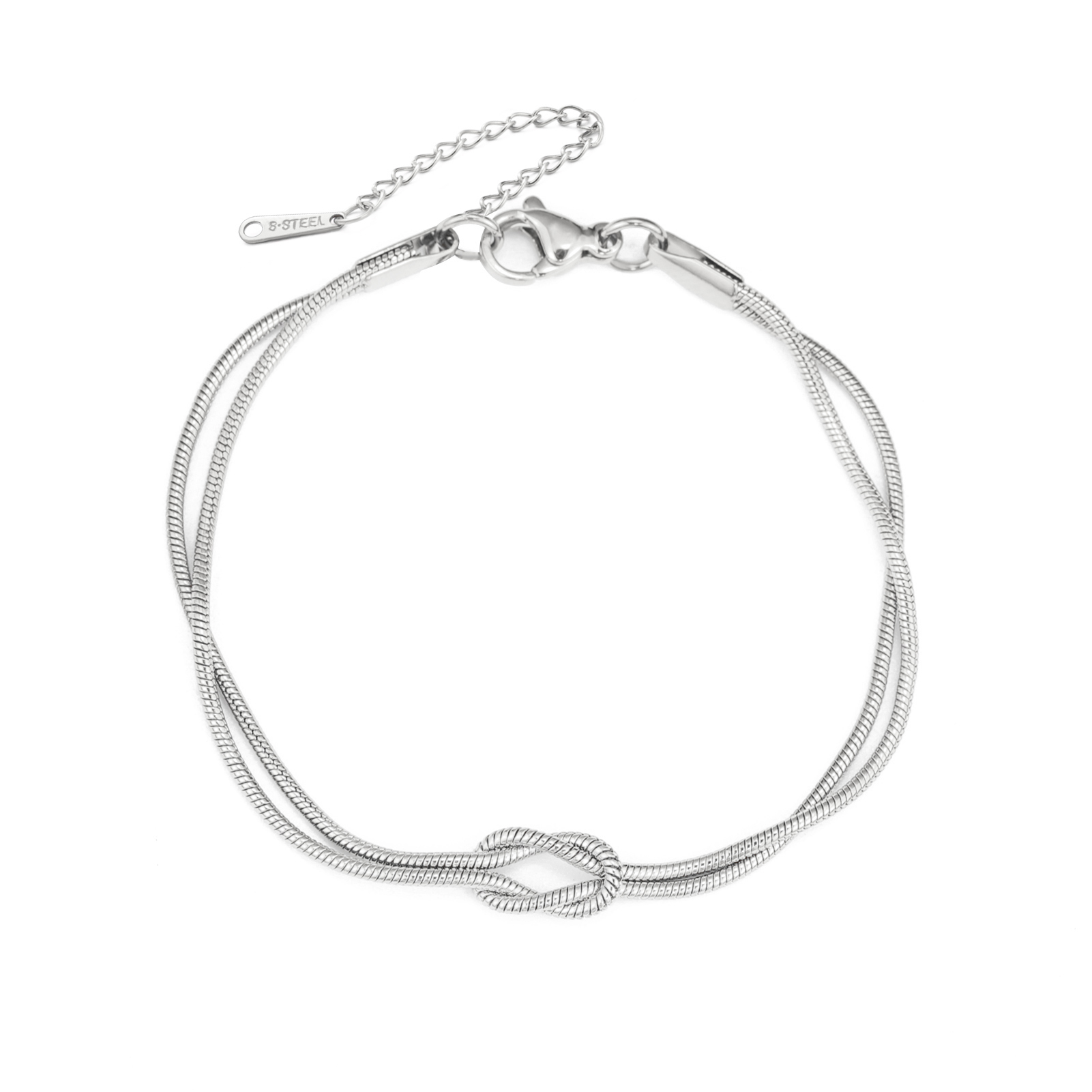 Pulseira Dupla Corrente de Cobra Nó de Amor Aço Inoxidável Cor de Ouro Pulseiras Ajustáveis Mulheres Homens Casal Jóias Minimalistas: Cor de aço