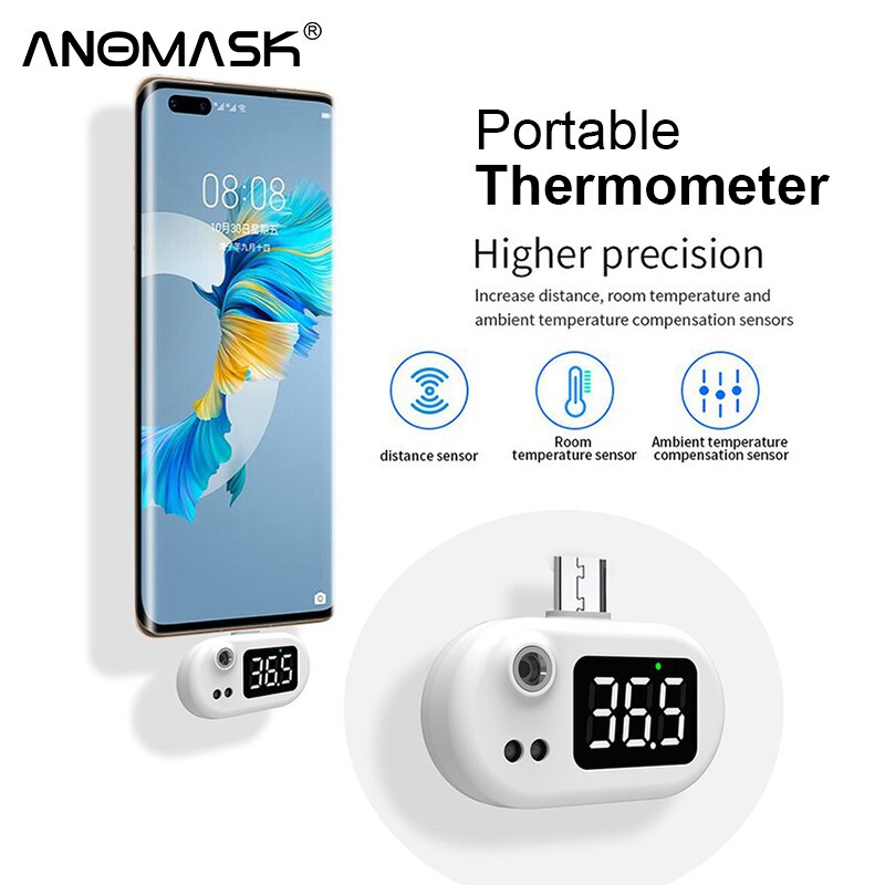 Termómetro inteligente USB con pantalla LED, Mini termómetro infrarrojo sin contacto con teléfono móvil, con junta tipo C para teléfonos