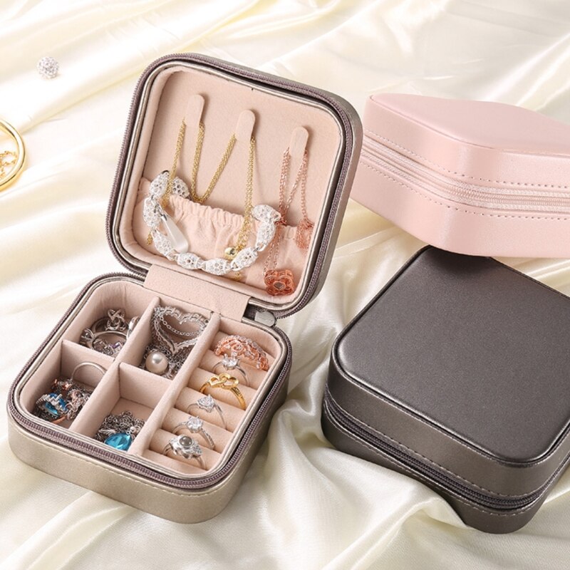 Protable Travel Leather Jewelry Box Organizer Display Earrings Ring Necklace Jewellery Zipper Storage Case Women Girls