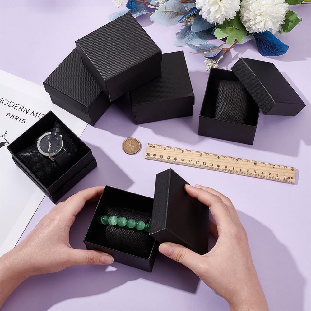Caja de reloj individual negra de 10 Uds., caja de embalaje de de cartón de 3,4x3x2, soporte para relojes con almohada, soporte para pulsera, almacenamiento cuadrado