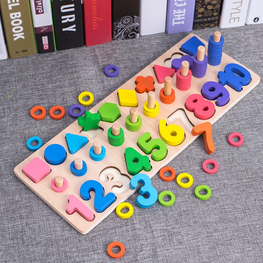 Wooden Montessori Magnetic Puzzle Educational Toy Early Education Shape Color Math Matching Log Board Fishing Puzzle Counting: three in one