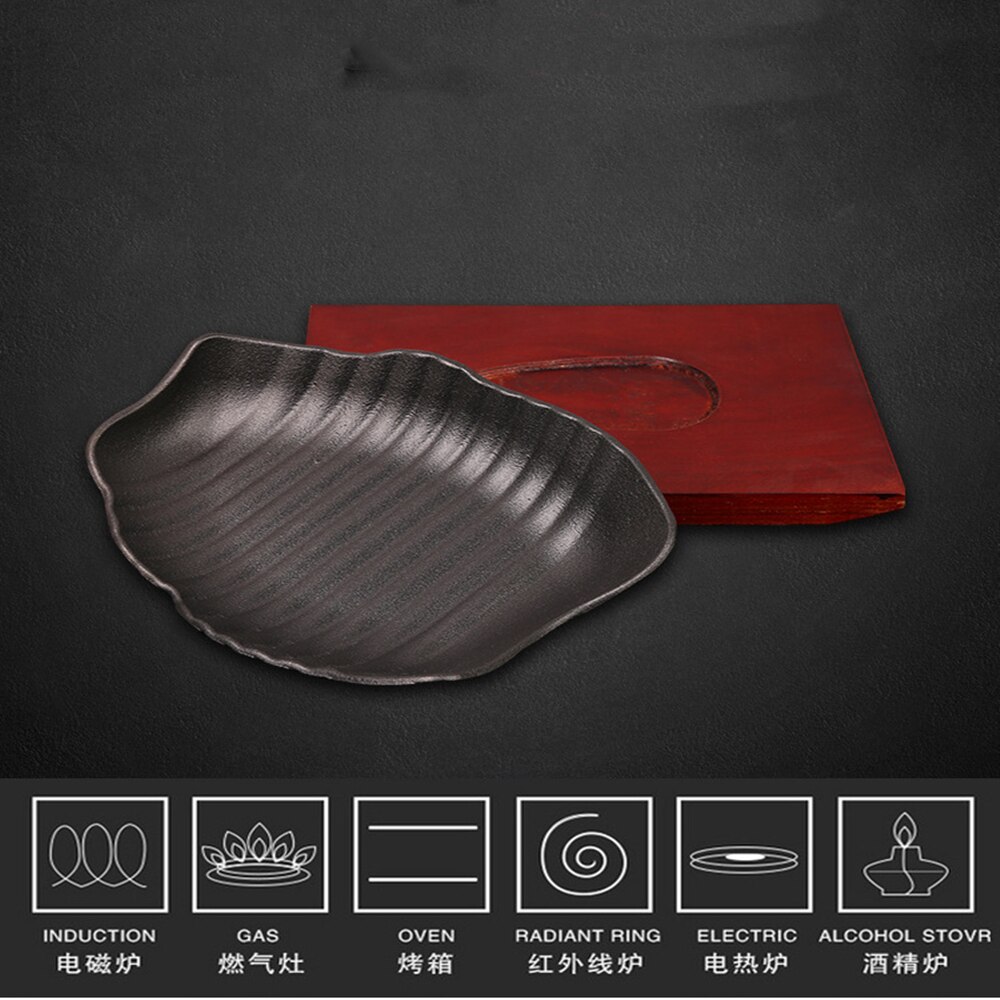 Cast Iron Roasting Steak Pan Non Stick Enamel Fried Pot Plate Frying Wooden Base Holder Cookware Gas Oven Electric Durable