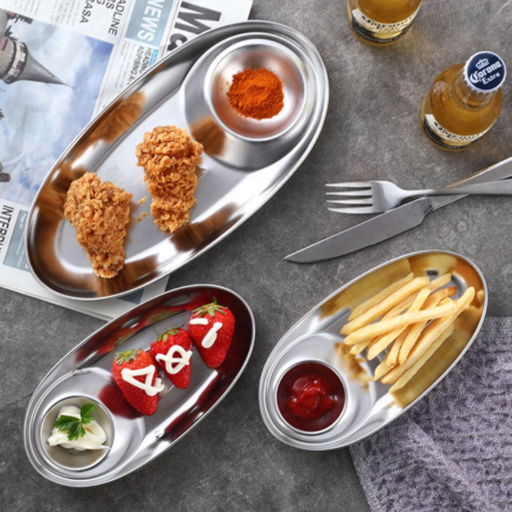 Stainless Steel Snack Dish Plate Ketchup Sauce Dipping French Fries Dish Divided Grid Plate Fried Chicken Dish Platos