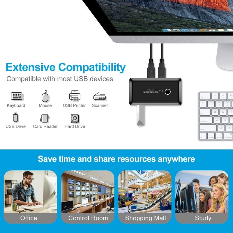 KVM-caja de interruptores USB 2,0, conmutador con 2 puertos, para compartir 4 dispositivos USB, para teclado, Monitor de impresora, interruptor USB