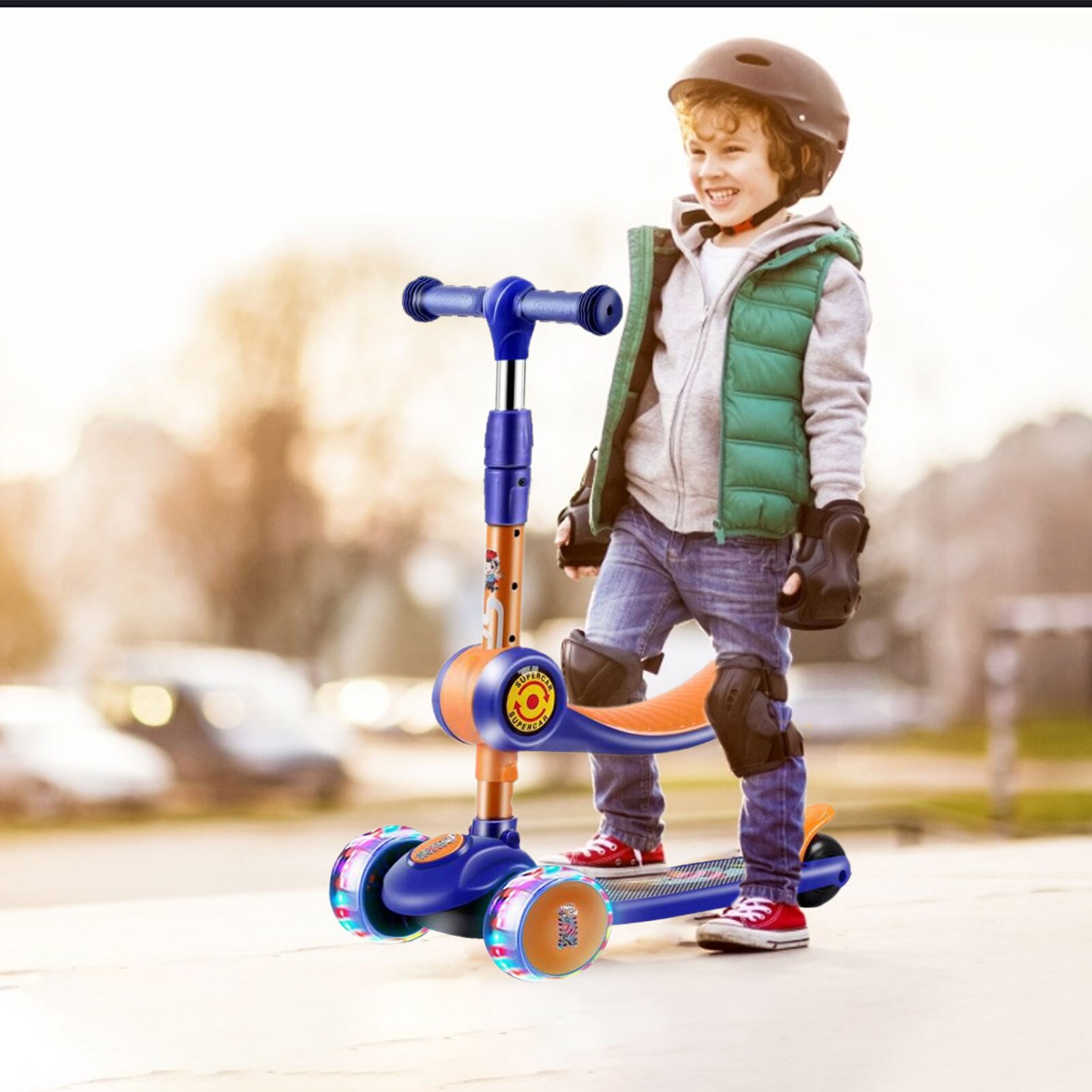 Kids 3 Wheel Kick Scooter 2 in 1 Folding Children's Scooter 3-8 Years Old Three Wheel Flashing Scooter Swing Scooter Sliding Sco