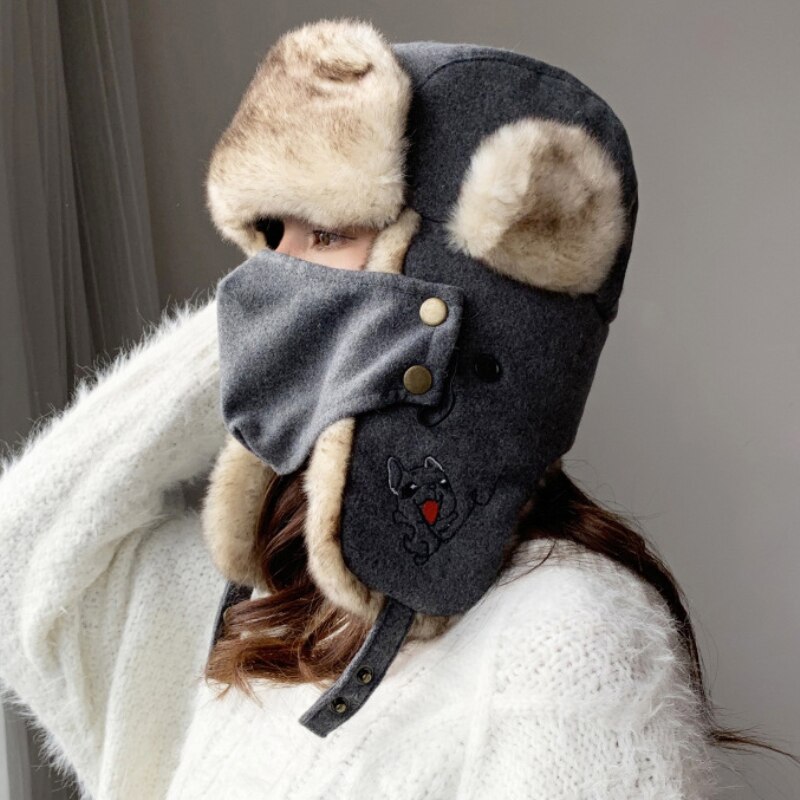 HT2876 gorro ruso grueso y cálido para mujer, gorro de Invierno para mujer, gorro con orejeras, gorro de esquí para nieve, máscara de mujer, gorro de piel Ushanka, sombrero de bombardero para mujer: Gris oscuro