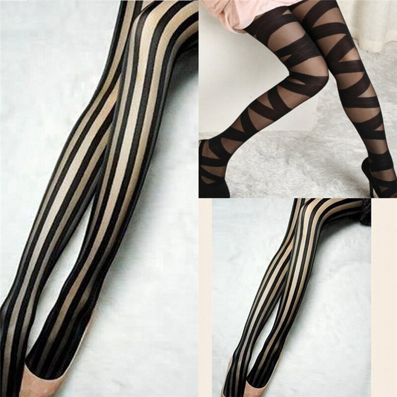 Women Sexy Skinny Stockings Breathable Vertical Stripe Transparent Cross Bandage Pantyhose Stockings