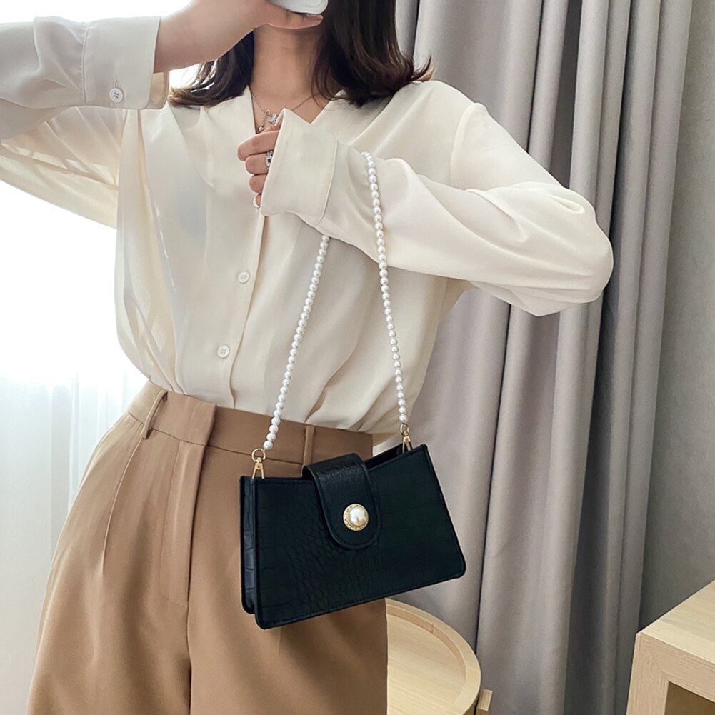 Jugend Damen Einfache Vielseitige Tasche Frauen Einfarbig Handtaschen Dame PU Leder Perle Kette Kleine Schulter Totes Tasche
