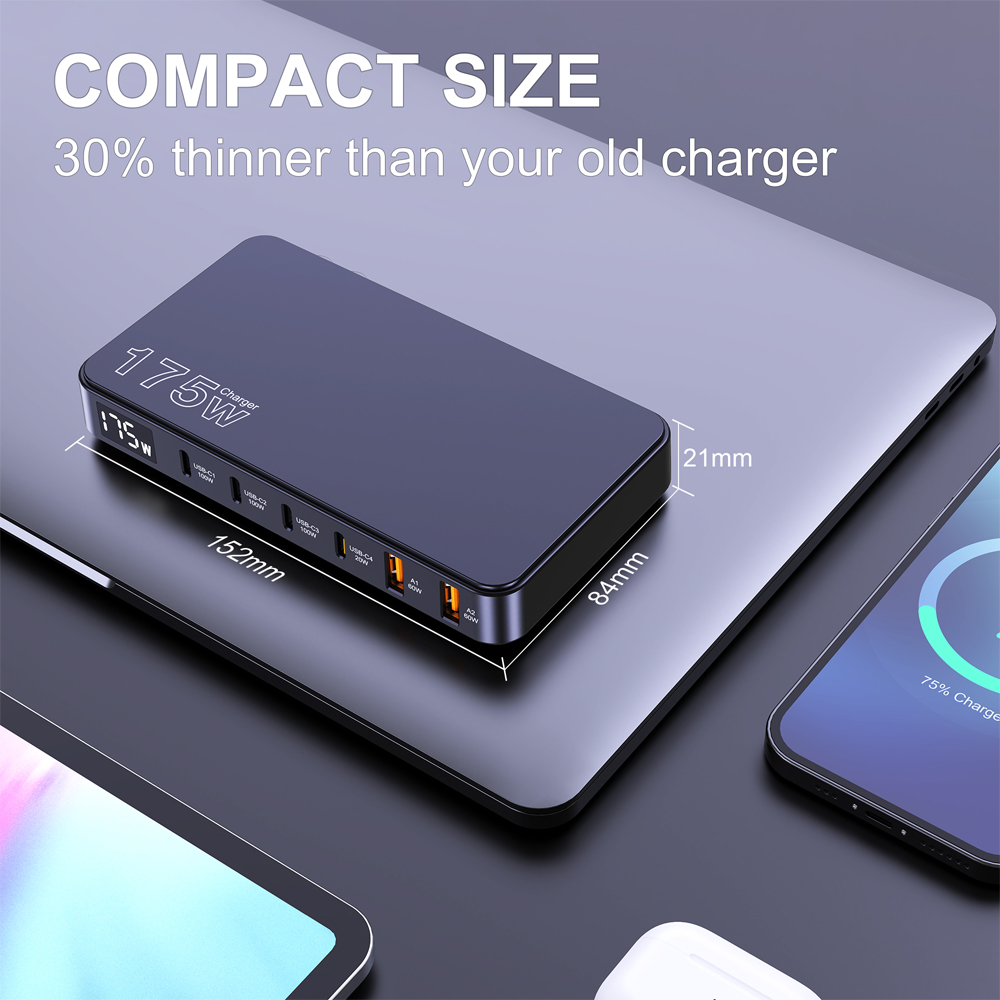 UHOMEBUY-Chargeur de bureau ultra-mince, charge rapide pour Samsung iPhone, affichage numérique, type C, PD, 175W, GaN, USB C, 100W, PPS45W