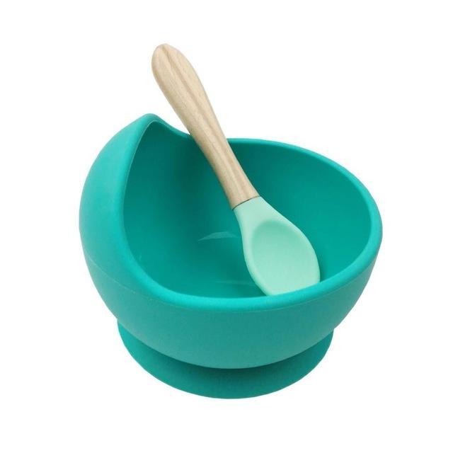 Baby siliconen voedingsset houten lepel zuigkom babybord kinderen peuterhulp servies bpa-vrij siliconen babyverzorging: Turkoois