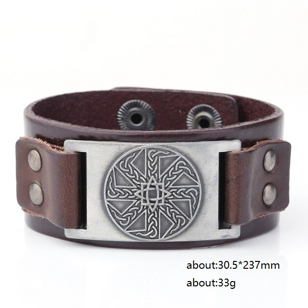 Skyrim-pulsera de cuero eslava para hombre, anís estrellado, amuleto redondo cerrado, pulsera ancha trenzada, brazalete Vikingo, joyería Vintage: brown-silver