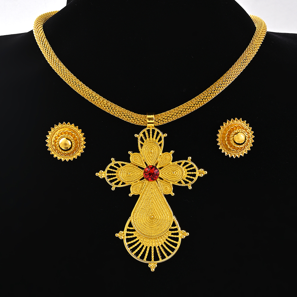 Saoedi-Arabië 24K Goud Kleur Ethiopië Vrouwen Sieraden Ketting Oorbel Afrikaanse Arabische Bruids Set Habesha Eritrea Party: Blue White Zinc Plated