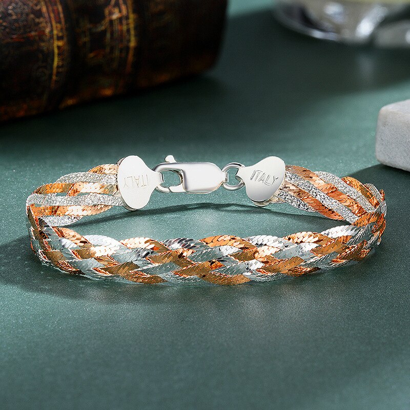 Italienische 925 Sterling Silber Doppel Farbe Faden Weben Armbänder Rose Gold Platin Überzogene Armband Edlen Schmuck Für Frauen: Default Title