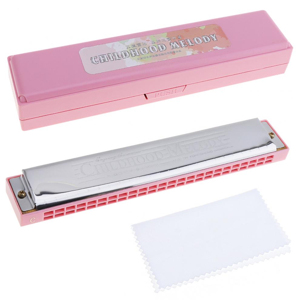 24 Holes Stainless Steel Pink Tremolo Harmonica Harp Mouth Organ Musical Instruments for Children Students