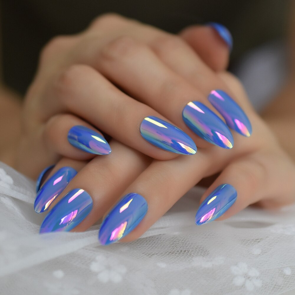 Céu azul holográfico unhas falsas stiletto, médio cromado espelho de plástico curva brilhar it a unha com cola
