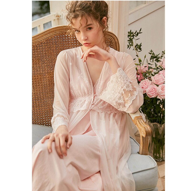 Vintage Bathrobe Female Plus Size Autumn Sleepwear Women Night Wear Home Gown Robe Set Princess Style Peignoir Sets T648: Pink / M