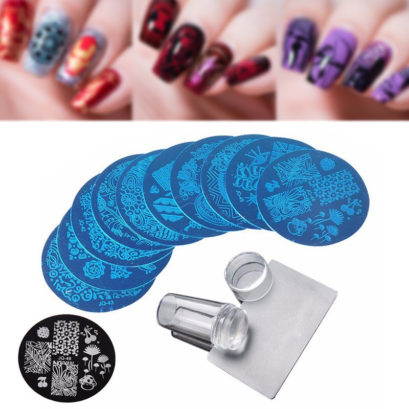 10 stk stempelplade + klar silikone stamper + skraber nail art billede stempel værktøj manicure skabelon smj