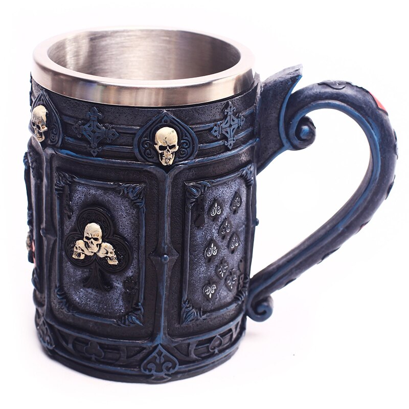 Skull Mug Poker Skull Maltese 3D Tankard 304 Stainless Steel Inner Punk Gothic Beer Mugs Cup Halloween Birthday 400mL