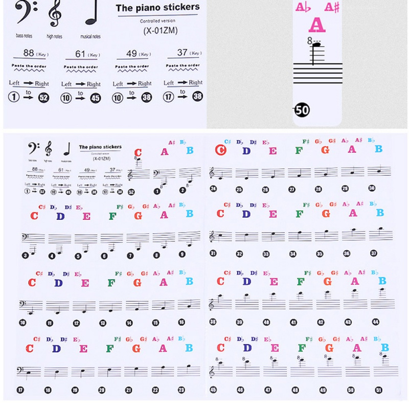 88/61 Key Color Piano Letter Notes Stickers Keyboard Hand Roll Piano Keyboard Transparent Stickers Notation Transparent