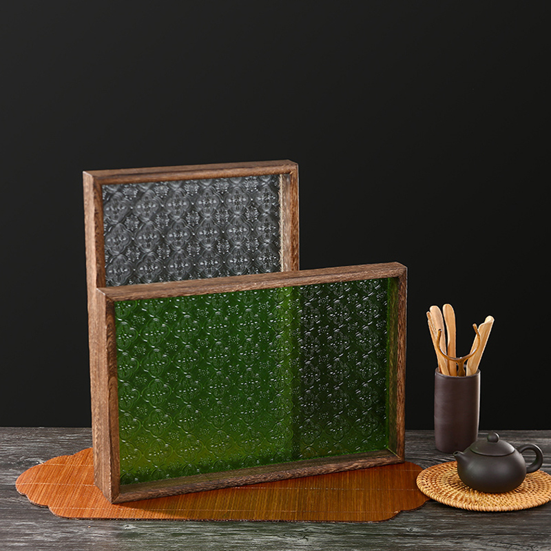 Retro Begonie Blume Tablett Rechteckige Platte Haushalt Holz Dessert Platte Tee Platte Glas Platte Wohnzimmer Desktop Dekoration