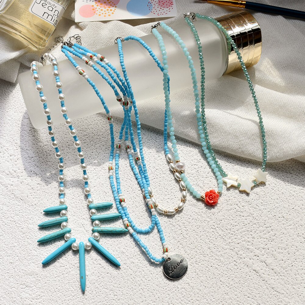 Bohemian Style Bead Necklaces for Women Blue Beaded Pearl Flower Pendant Clavicle Chain Collar Layered Chains Necklace Jewelry