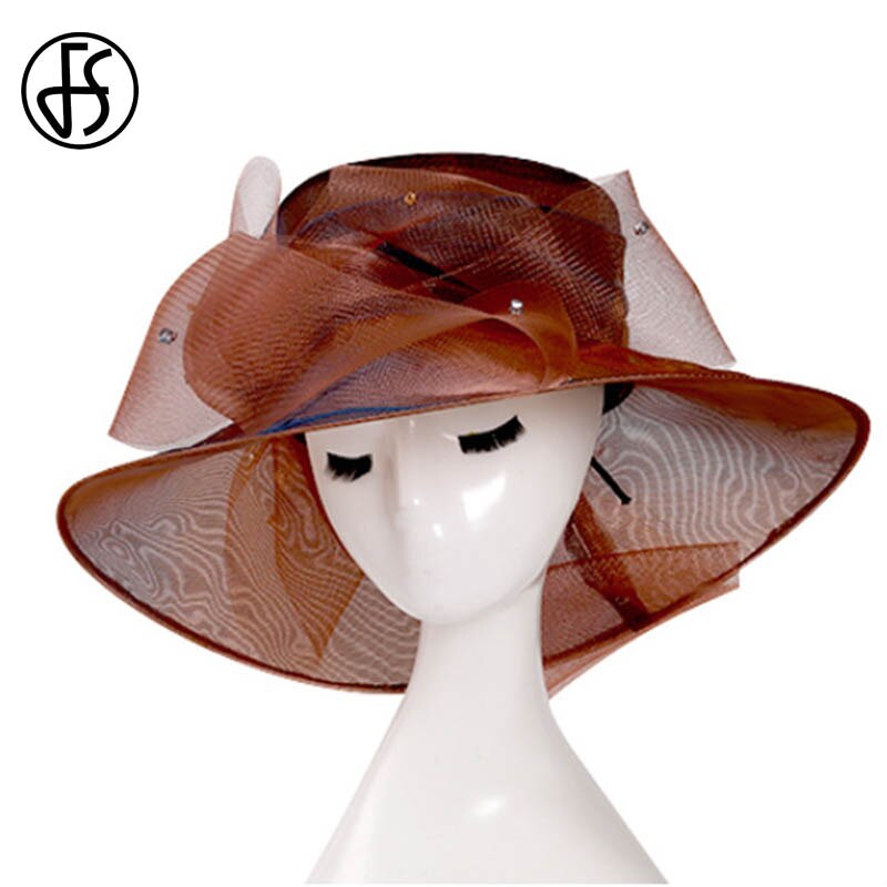 FS Beige Weiß Organza Breite Krempe Sonnenhut Hüte Für Frauen Kirche Hüte Frauen Elegante Kentucky Derby Hütte Damen Großen Bogen Fedora: braun sonne Hat