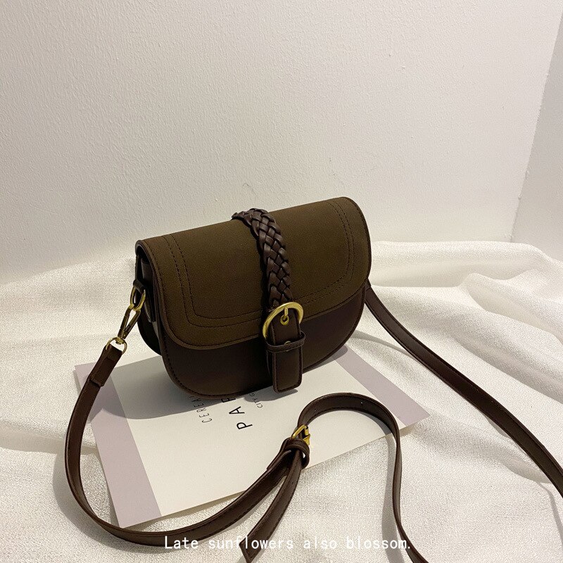 Small bag women's autumn / winter frosted messenger bag net red retro semicircle saddle bag: Dark Brown