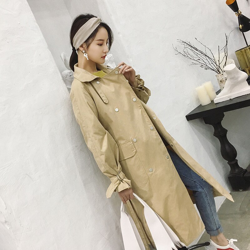 pure color long trench coat flow belt double-breasted trench coat dress