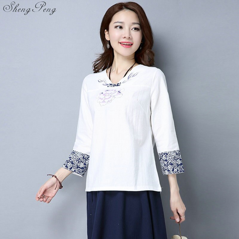 Camisas de lino y algodón de estilo chino vintage para mujer, blusa informal de uso diario con cuello redondo, bordado floral hanfu, V1810,