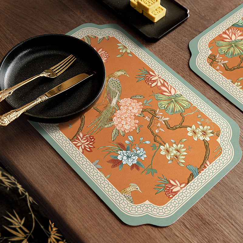 Heat Resistant Table Mats Set of 2, Hydrangea Faux Placemats, Floral Bird, Chinese Style, Digital Printing for Party Family