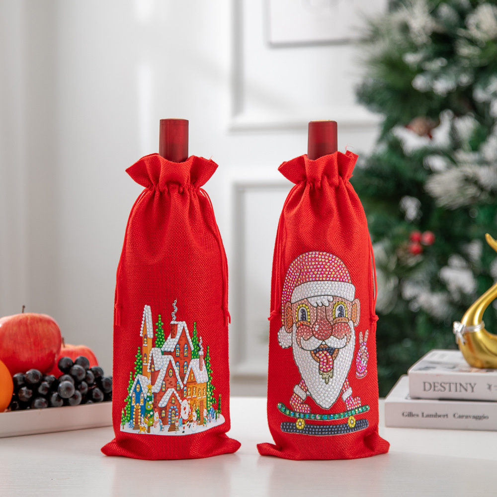 Diy Diamant Schilderen Kerst Wijnfles Zakken Cover Vrolijk Kerstfeest Xmas Wijn Fles Tasje Jaar Tafel Decoratie