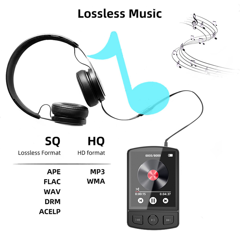 MP3 Player Bluetooth 5.2 1.77 inch Screen Music Player with Speakers Lossless Sound with Recording E-Book Video Playing
