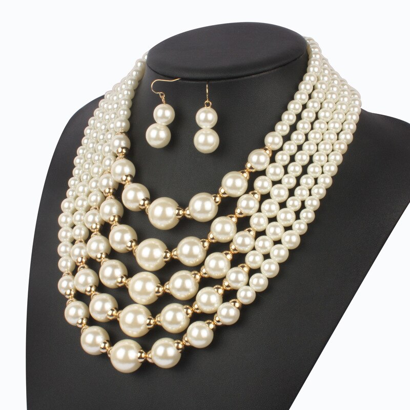 Maxi Exaggerated Bohemian Gold Jewelry Set Handmade Strand Beads Pearl Jewelry Sets for Women Multilayer Necklace and Earrings