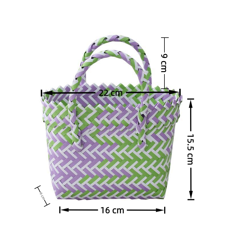 Bolso de mano tejido de plástico, cesta de transporte tejida hecha a mano pequeña, cesta tejida hecha a mano