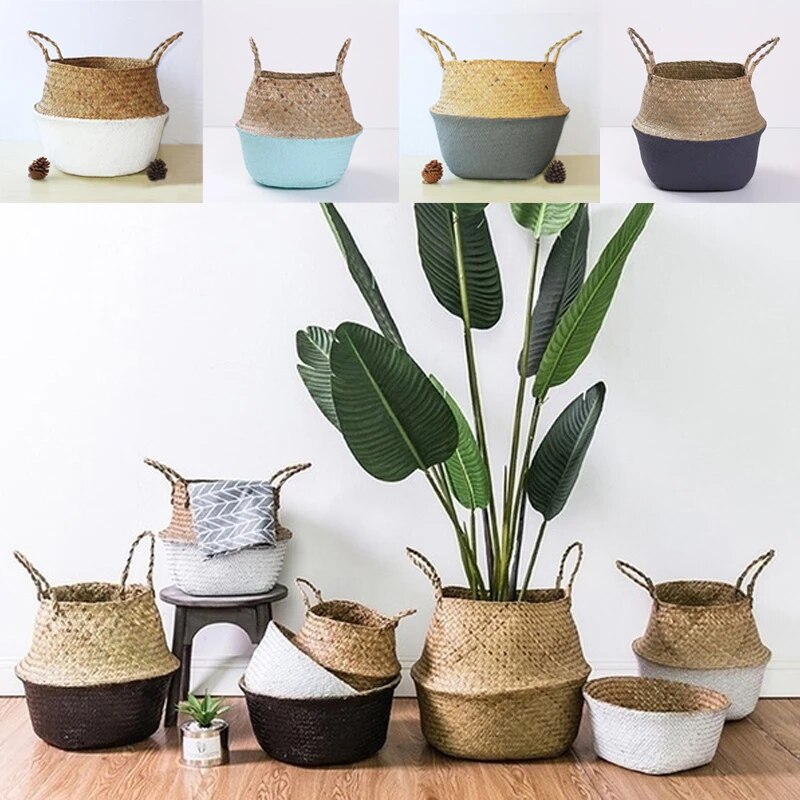 Foldable Basket Weaved Storage Baskets with Handle Laundry Toys Sundries Organizer Rattan Flower Pots Container Storage Supplies