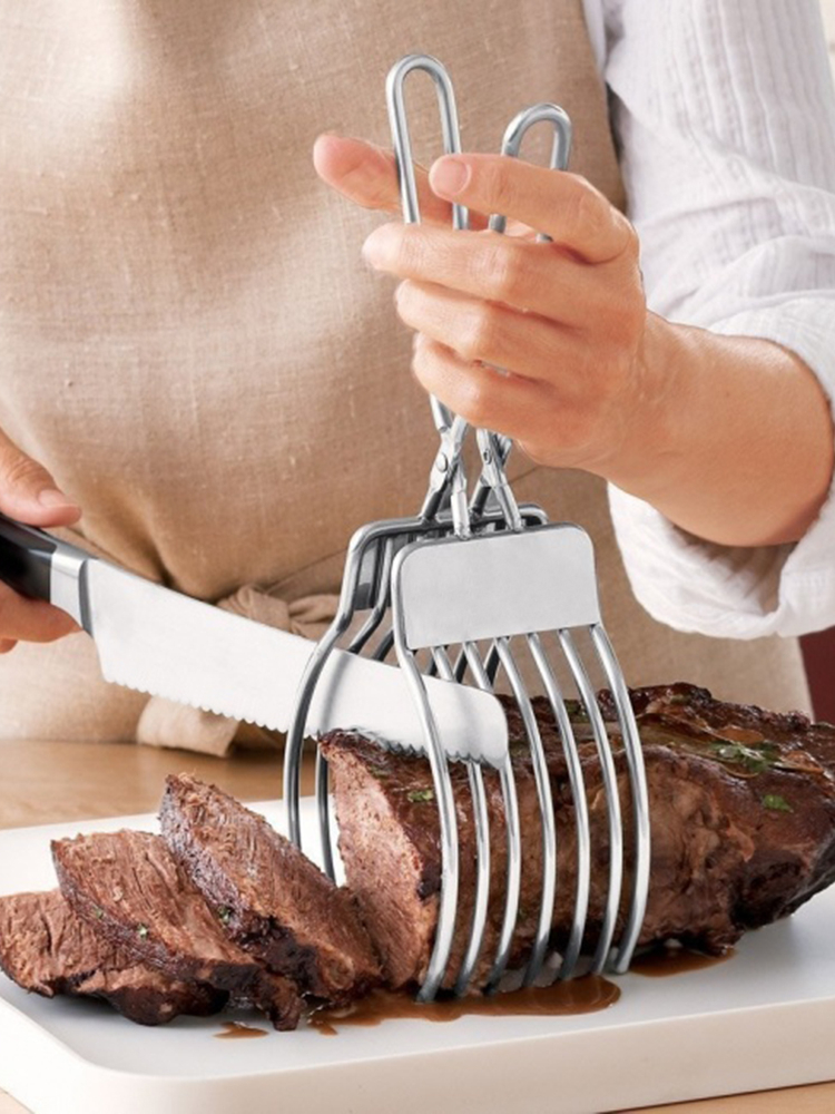 Pinzas para cortar carne asada de acero inoxidable, pinzas para cortar carne, pan, soporte para alimentos para cortar frutas y verduras, herramientas de cocina