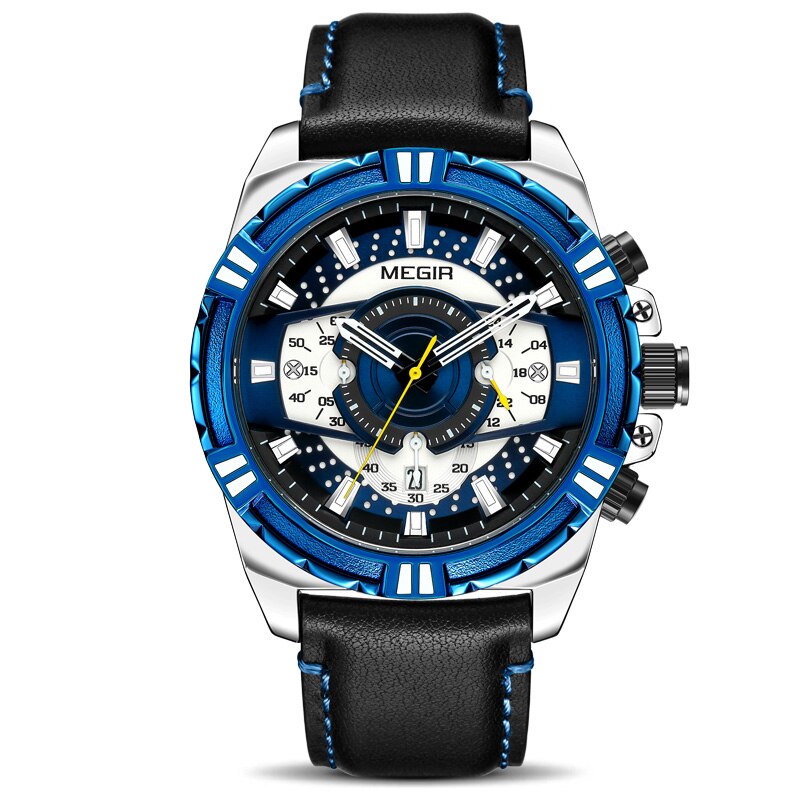 Nuevos relojes de lujosa para hombre, relojes deportivos con cronógrafo MEGIR para hombre, relojes de cuarzo de cuero a prueba de agua para hombre, reloj Masculino: Blue