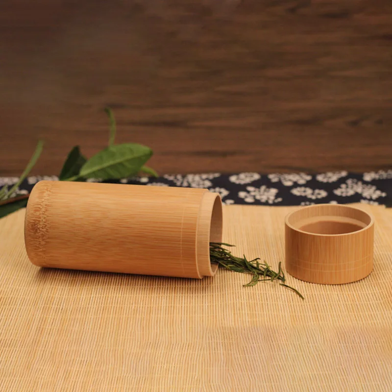 Pure Bamboo Straight Cylinder Tea Caddy Portable Tea Caddy Tea Storage Box for Home and Travel