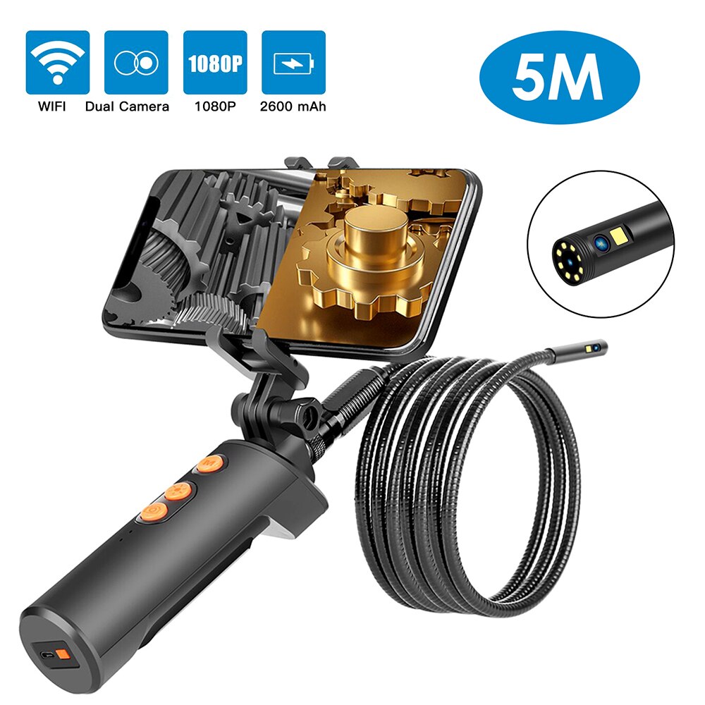 Wirelessly Connected Industrial Endoscopy Borescope 1 Meter Wire Inspection Double Camera Built-in 9pcs 5 Levels Brightness LEDs