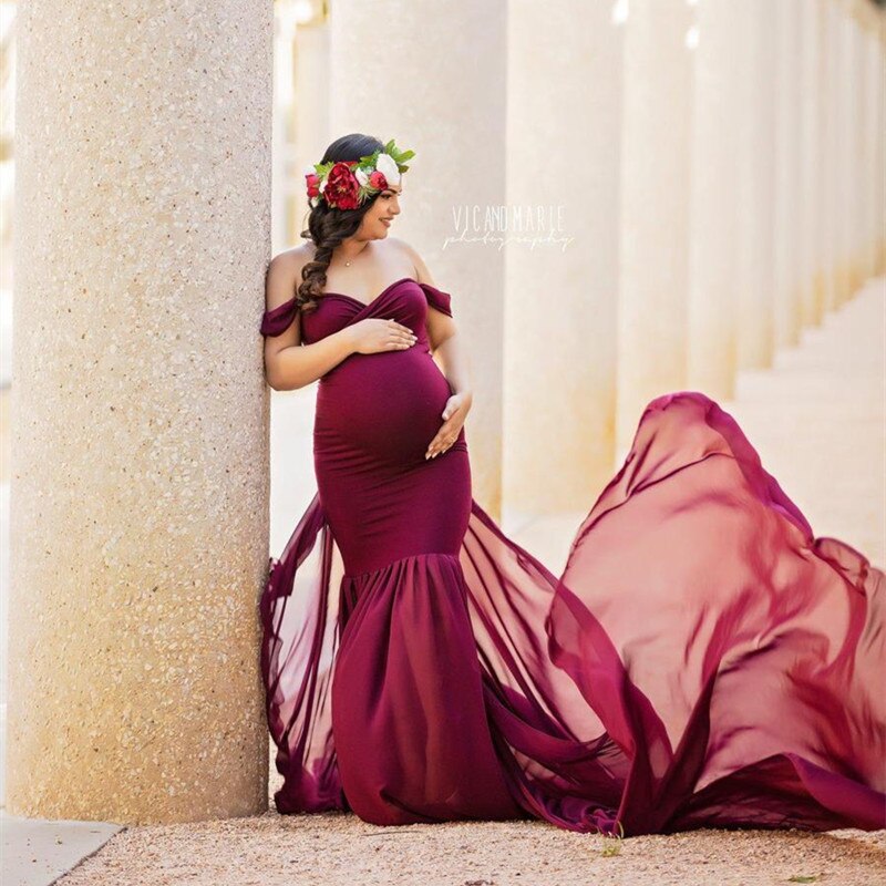 Barsel fotografering prop lang kjole chiffon baby shower kjoler med lange tog barsel fotot skyde kjoler elastisk