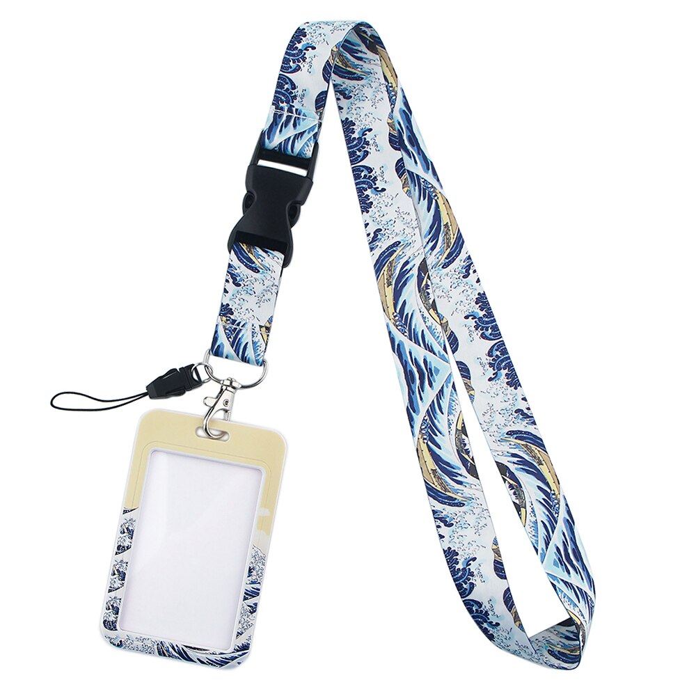 YL27 Japanese Waves Art Key Lanyards ID Badge Holder Neck Strap Card Cover Key Chain Hang Rope Key Rings Friends