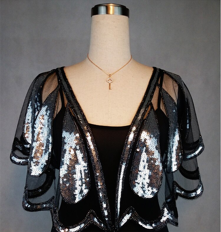 JaneVini Shiny Kralen Bruiloft Capes Schouderophalen Luxe Goud Zilver Pailletten Vrouwen Bolero Bridal Wrap Bruid Bolero Novia Cape Mariage: Black Silver