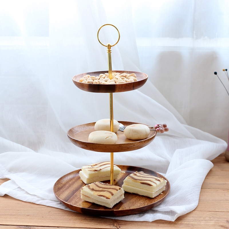 3-Tier Round Wooden Serving Tray Snack Fruit Food Storage Classical Home Tray Specialty Plates Household Kitchen Tools