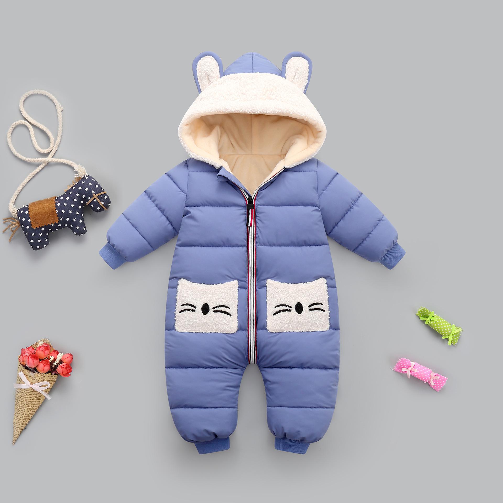 Printemps hiver -né bébé barboteuses salopette body vêtements combinaison avec oreille à capuche fille garçon coton Snowsuit infantile vêtements de neige: blue / 24M