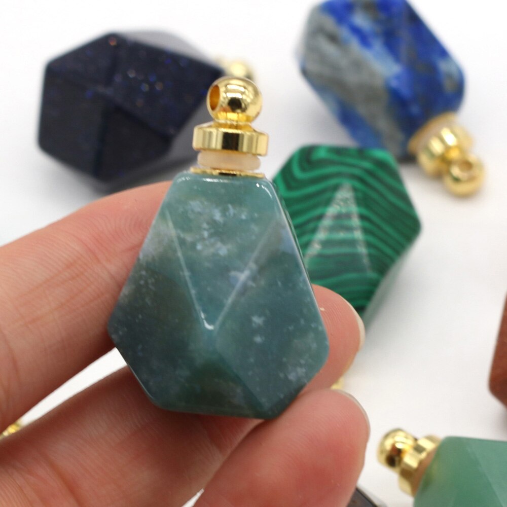 Natural Gem Stone Faceted Perfume Bottle Pendant Quartz Agates Essential Oil Diffuser Charms for Jewelry Making Necklace 25x37mm