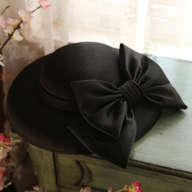 Chapeau à large bord pour femmes, style anglais, pour Banquet, fête de mariage, Vintage, , avec nœud papillon, dôme, collection automne et hiver: Black